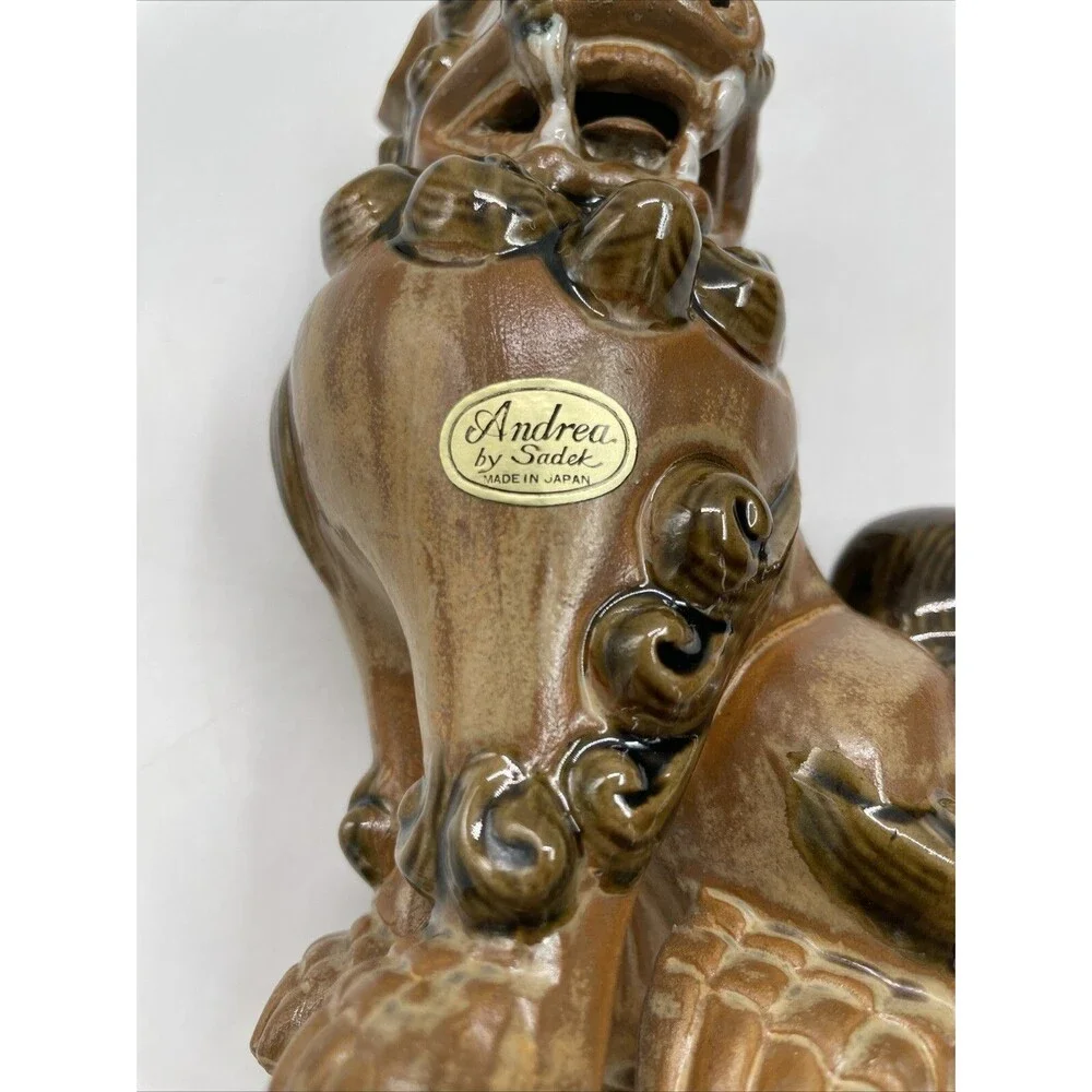 Pair 2 Andrea Sadek Brown Ceramic Asian Foo Dog Lion Figure Dragon Statue Japan